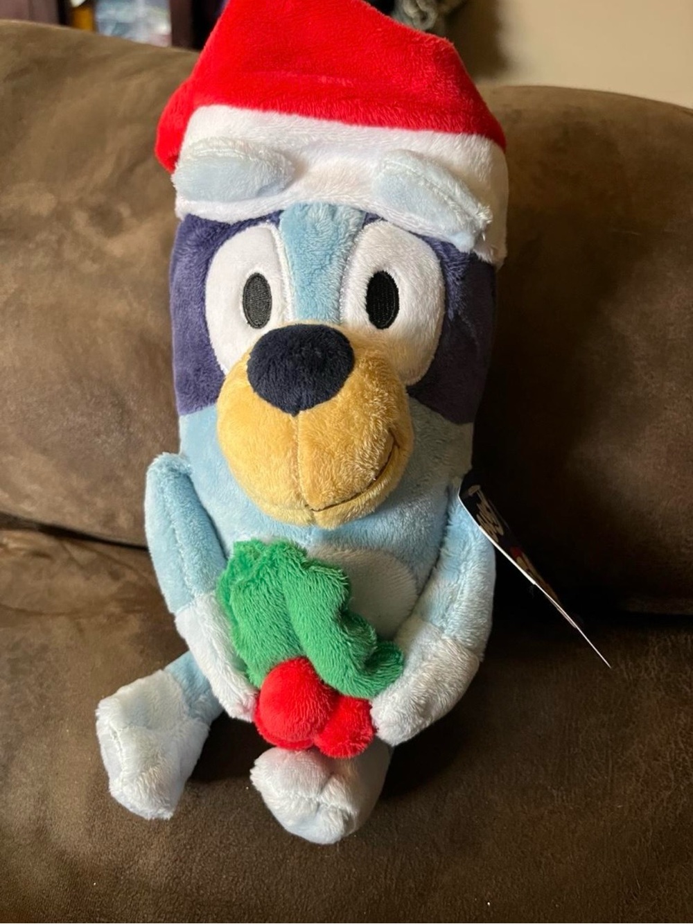Holiday Plush Dog Toy - Light Blue Dog (Bluey) with Red Hat and Green Holly